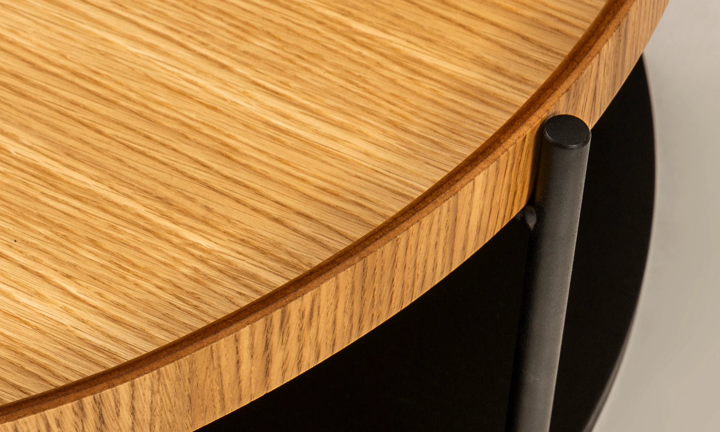 Harmonia koleksiyonu - Meşe tablalı, siyah meşe raflı, siyah metal ayaklı, 60 cm yuvarlak orta sehpa