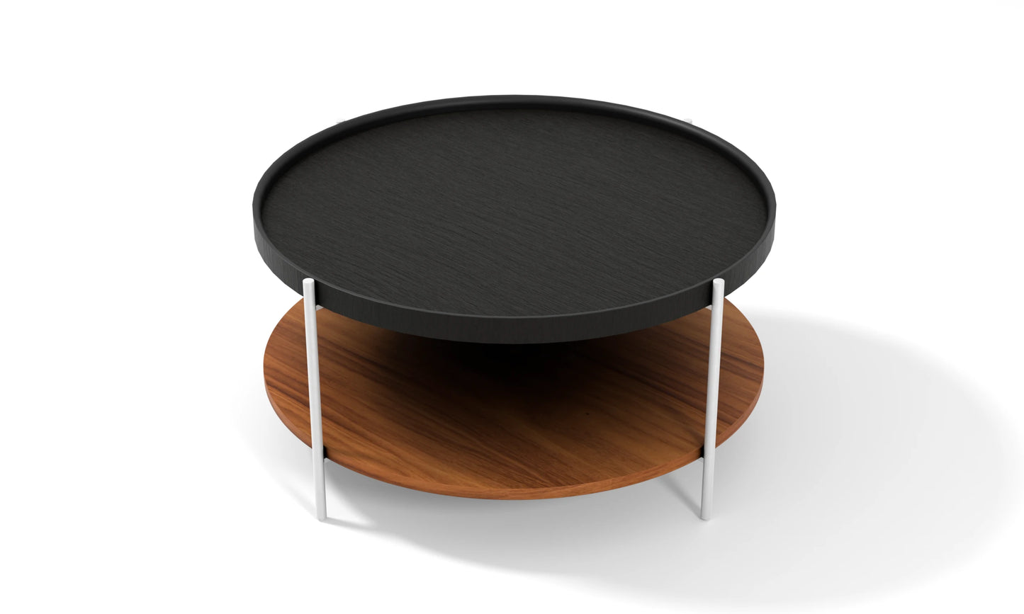 Harmonia koleksiyonu - Siyah meşe tablalı, ceviz raflı, beyaz metal ayaklı yuvarlak orta sehpa