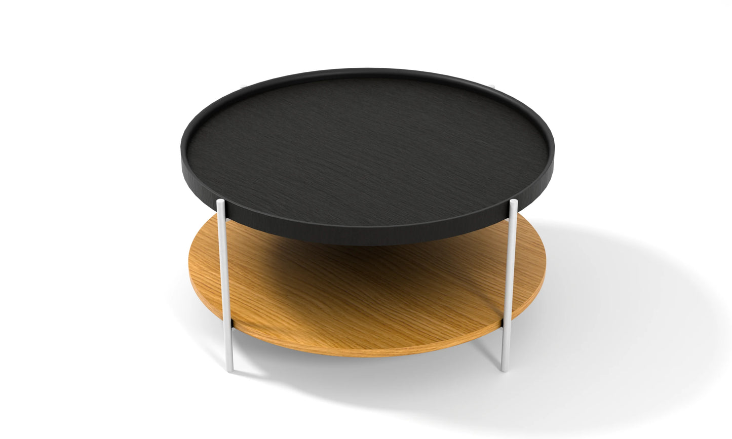 Harmonia koleksiyonu - Siyah meşe tablalı, meşe raflı, beyaz metal ayaklı yuvarlak orta sehpa