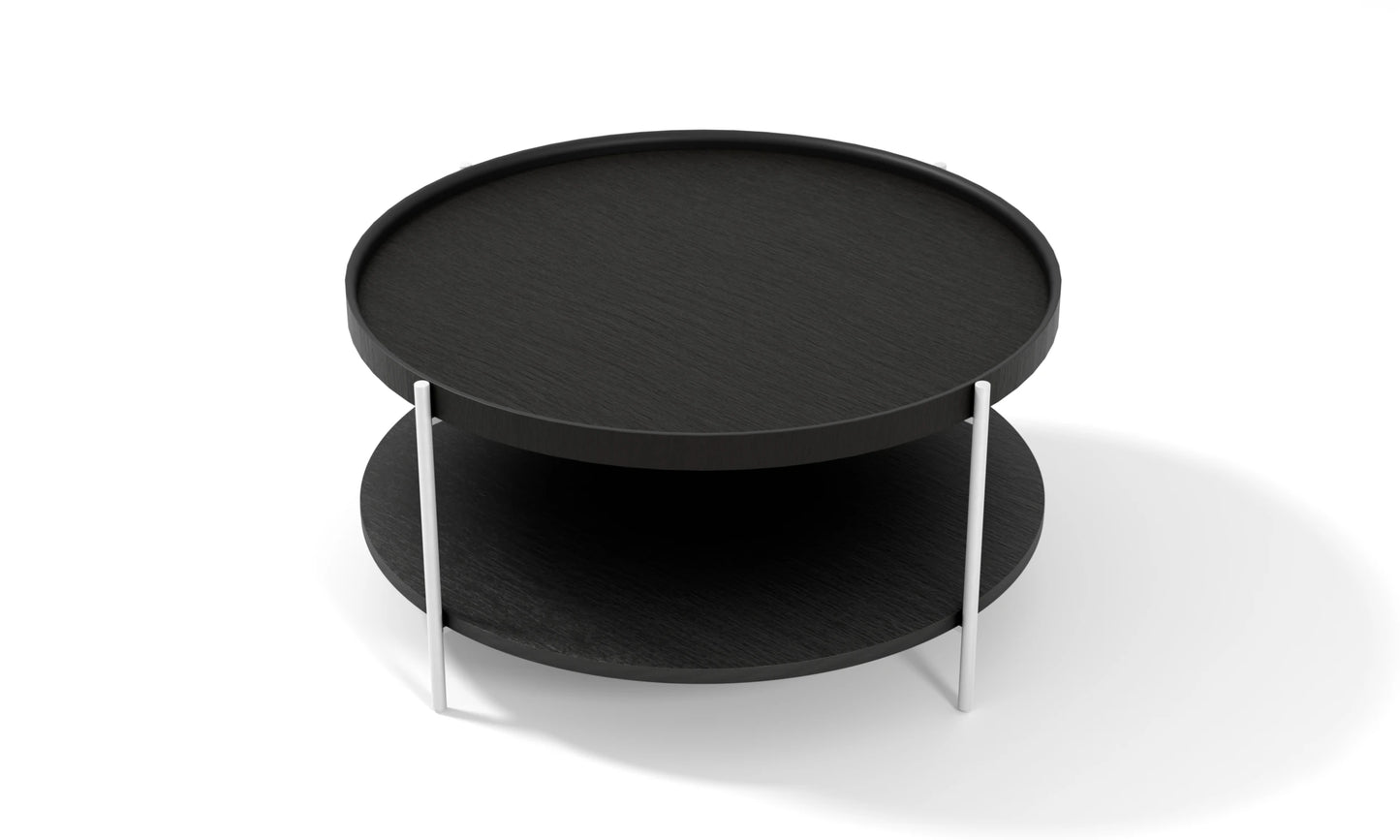 Harmonia koleksiyonu - Siyah meşe tablalı, siyah meşe raflı, beyaz metal ayaklı yuvarlak orta sehpa