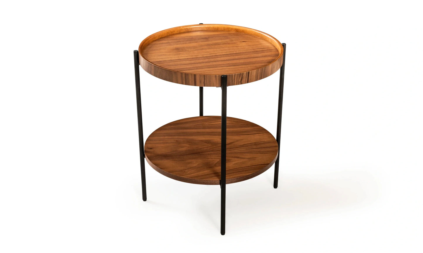 Harmonia koleksiyonu - Ceviz tablalı, ceviz raflı, siyah metal ayaklı yuvarlak yan sehpa