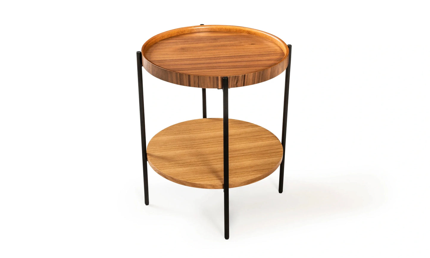 Harmonia koleksiyonu - Ceviz tablalı, meşe raflı, siyah metal ayaklı yuvarlak yan sehpa