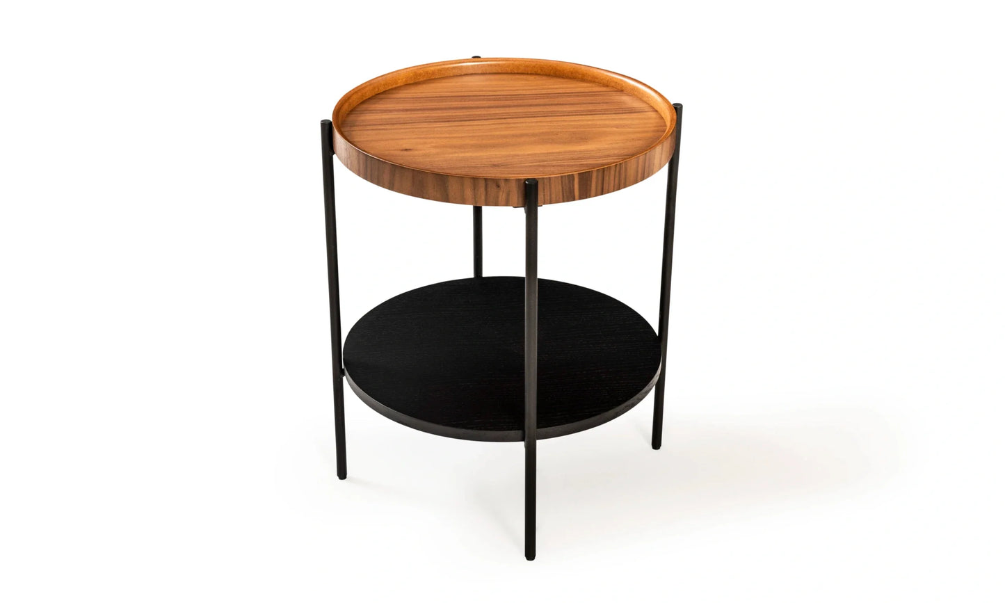 Harmonia koleksiyonu - Ceviz tablalı, siyah meşe raflı, siyah metal ayaklı yuvarlak yan sehpa