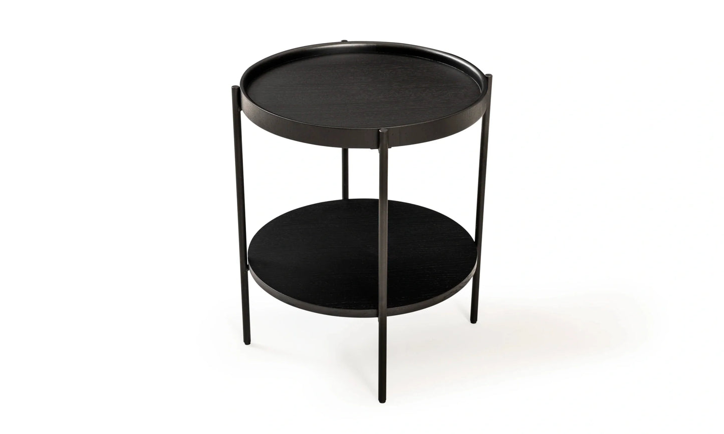 Harmonia koleksiyonu - Siyah meşe tablalı, siyah meşe raflı, siyah metal ayaklı yuvarlak yan sehpa