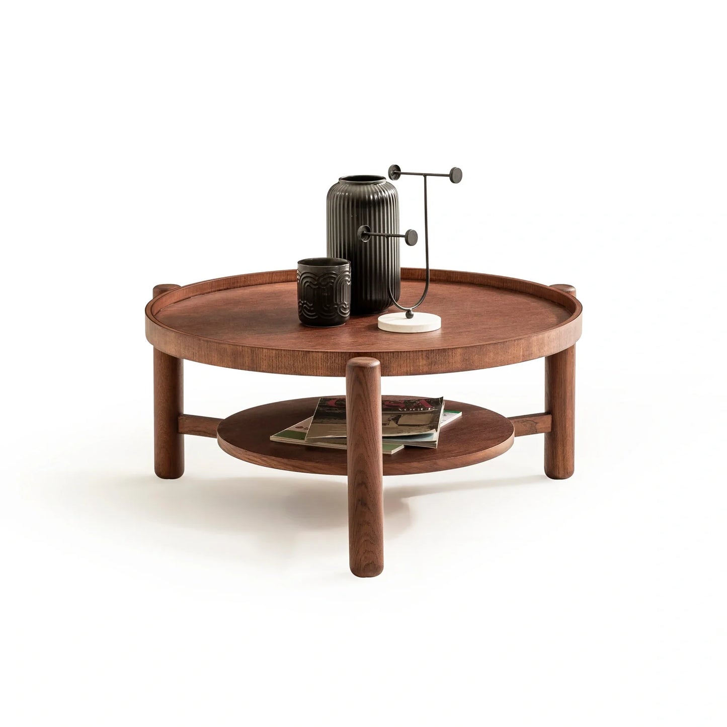 Lirya koleksiyonu - Kahverengi meşe tabla ve masif ayaklı yuvarlak raflı orta sehpa