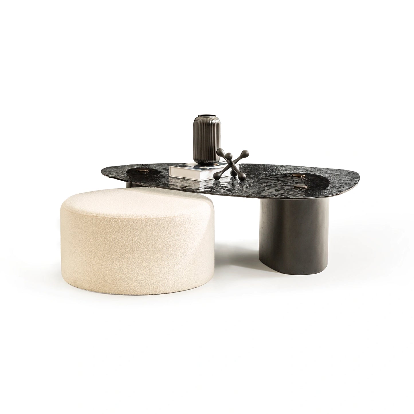 Pena koleksiyonu - Bej kumaşlı ve MDF iskeletli yuvarlak puf