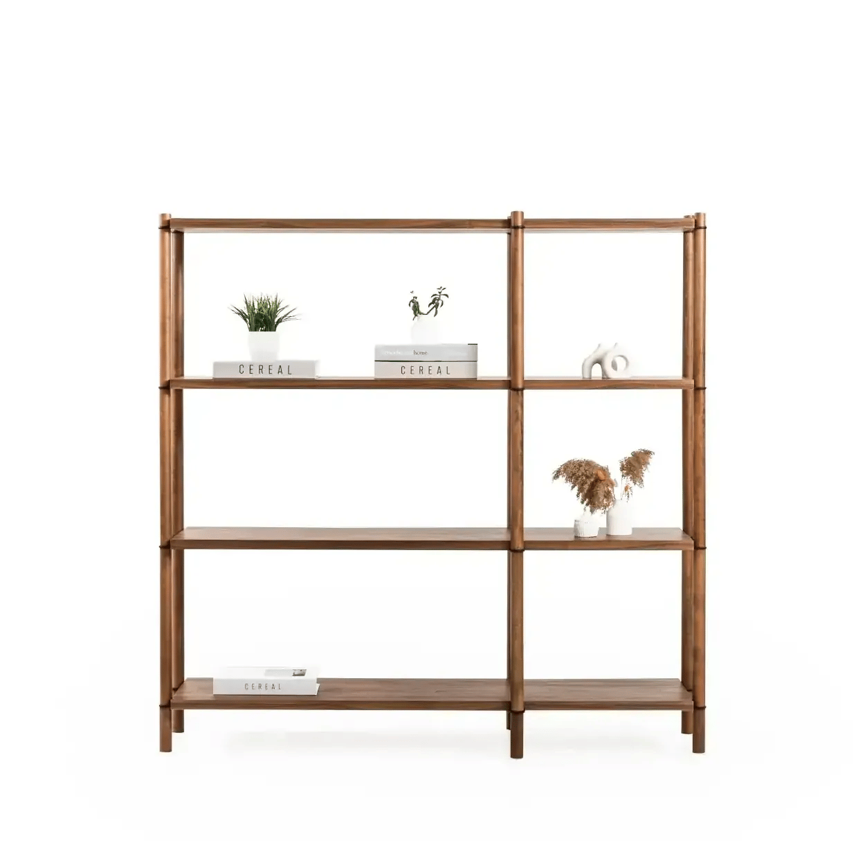 Rattan koleksiyonu - Ceviz raflı, ceviz masif ayaklı 4 katlı modüler kitaplık - hareketli bloklar