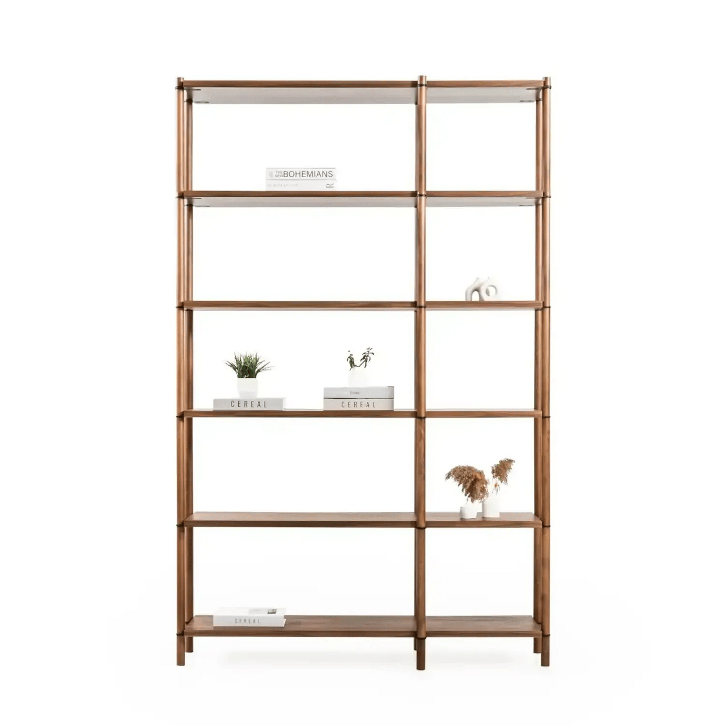 Rattan koleksiyonu - Ceviz raflı, ceviz masif ayaklı 6 katlı modüler kitaplık - hareketli bloklar