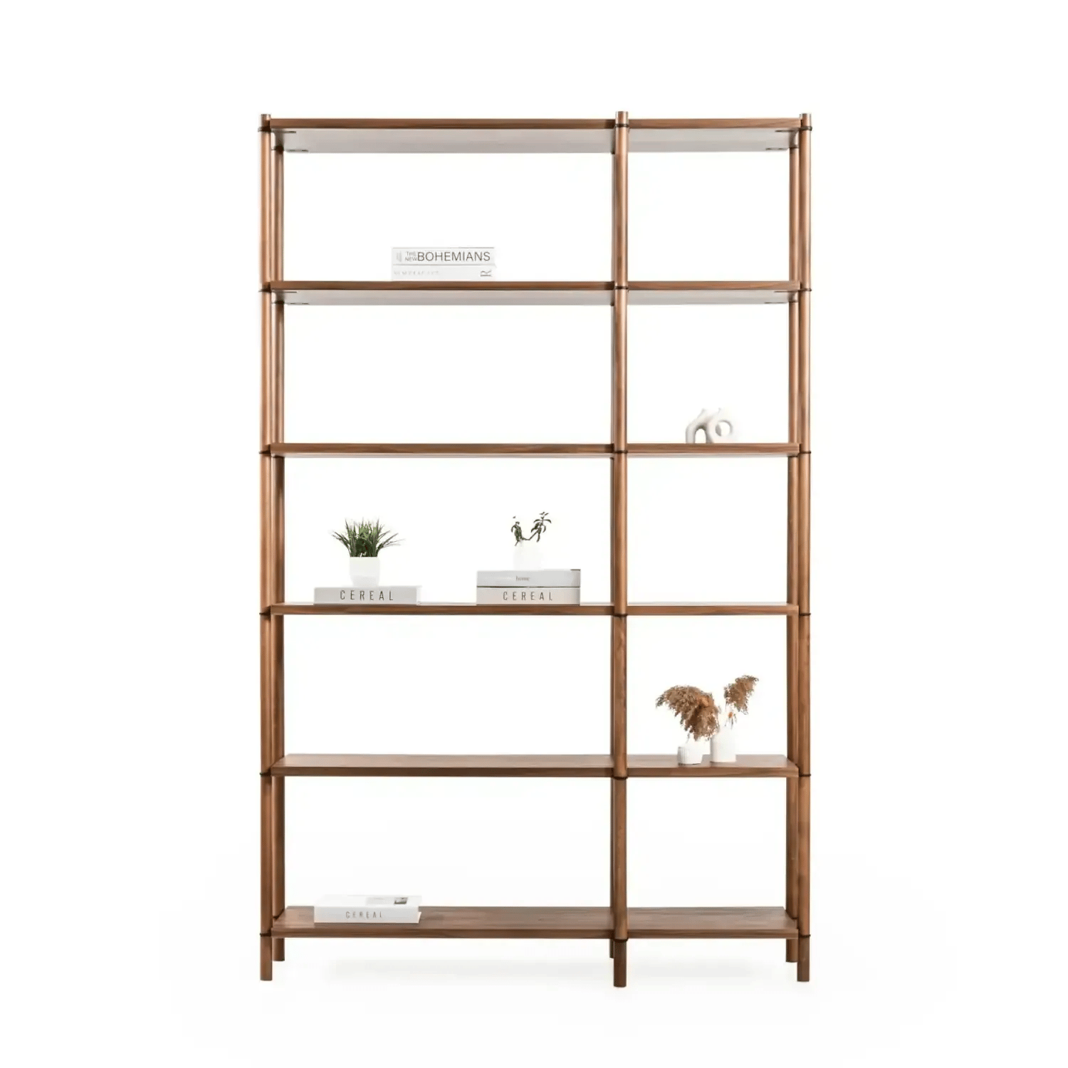 Rattan koleksiyonu - Ceviz raflı, ceviz masif ayaklı 6 katlı modüler kitaplık - hareketli bloklar