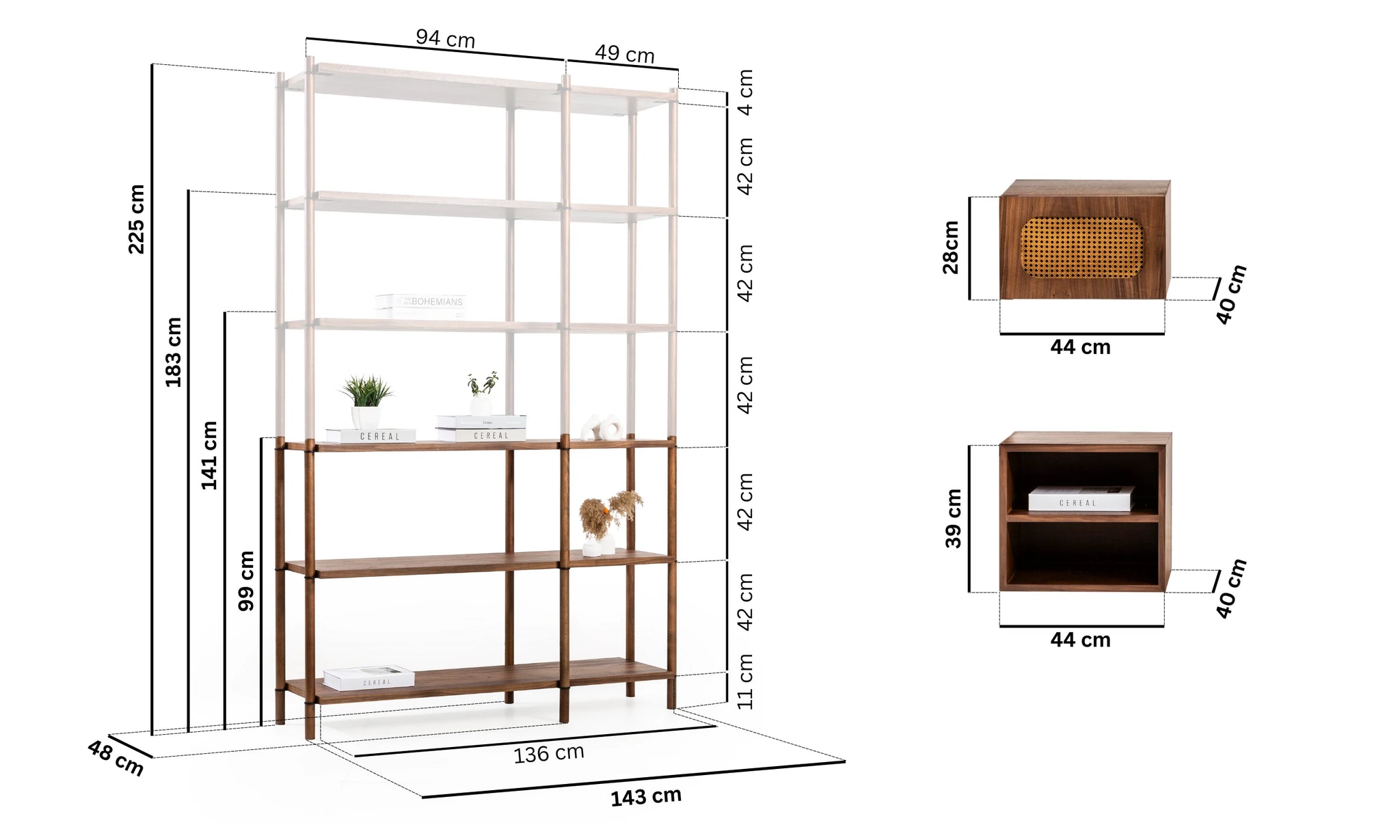Rattan koleksiyonu - Ceviz raflı, ceviz masif ayaklı modüler kitaplık ve bloklar ölçüleri - Genişlik: 143 cm, derinlik: 48 cm, raf yüksekliği 42cm