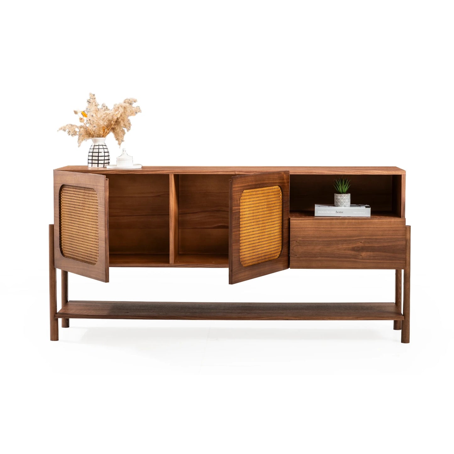 Rattan koleksiyonu - Ceviz gövdeli, rattan kapaklı, ceviz masif ayaklı konsol