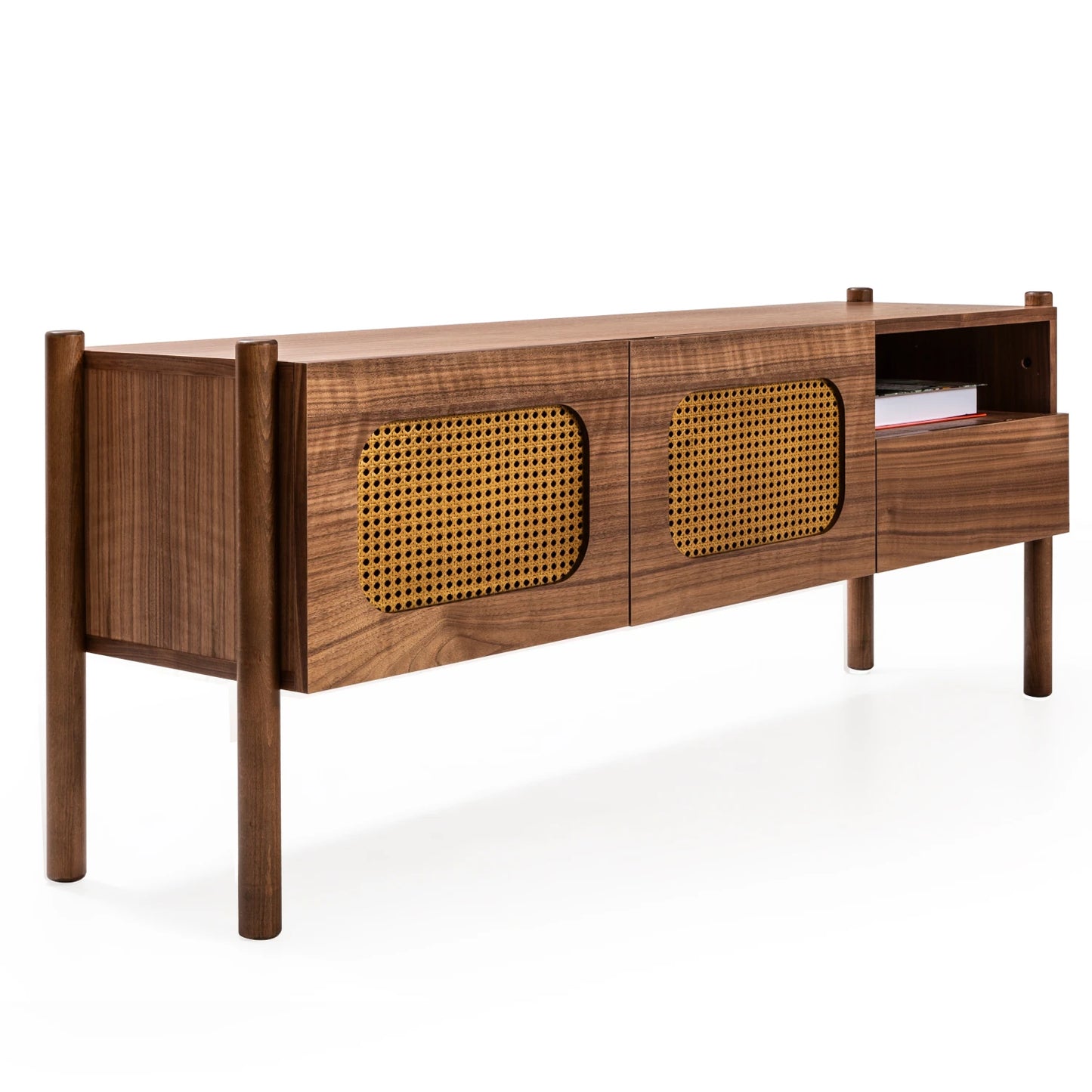 Rattan koleksiyonu - Ceviz gövdeli, rattan kapaklı, ceviz masif ayaklı TV sehpası