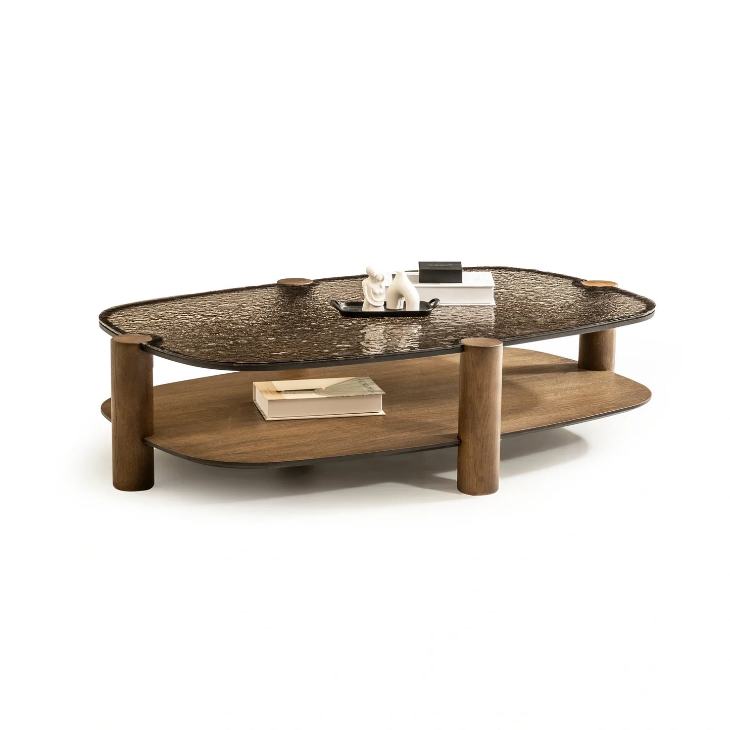 Tigris koleksiyonu - Bronz füzyon cam tabla ve eskitme meşe ayaklı dikdörtgen orta sehpa