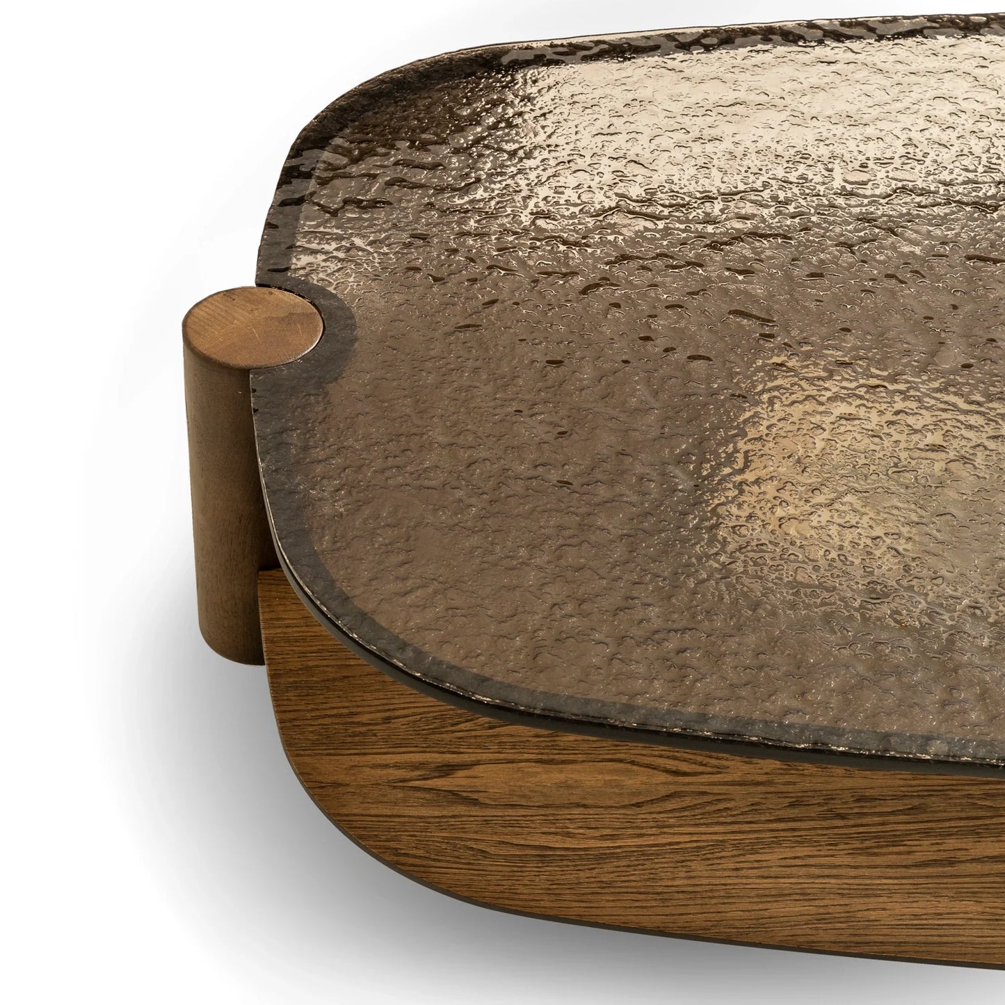 Tigris koleksiyonu - Bronz füzyon cam tabla ve eskitme meşe ayaklı dikdörtgen orta sehpa