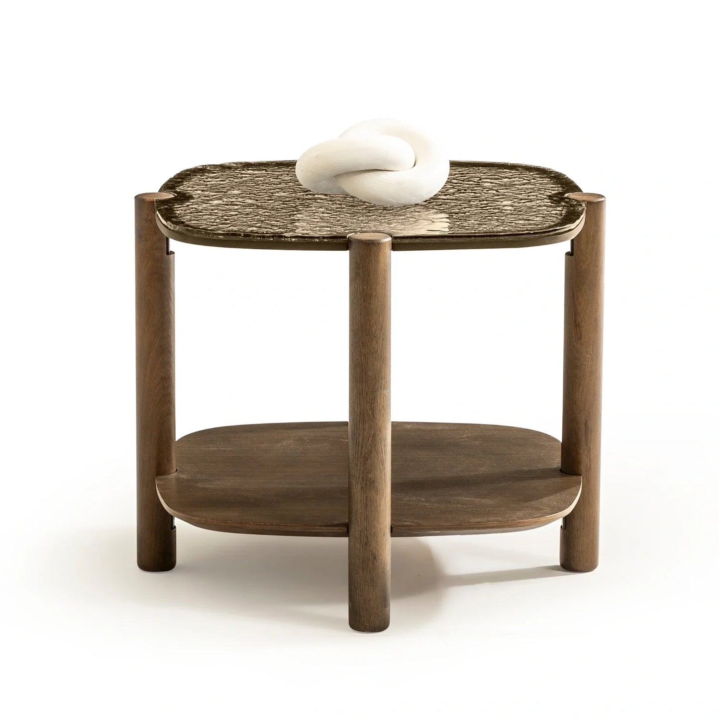 Tigris koleksiyonu - Bronz füzyon cam tabla ve eskitme meşe ayaklı kare yan sehpa