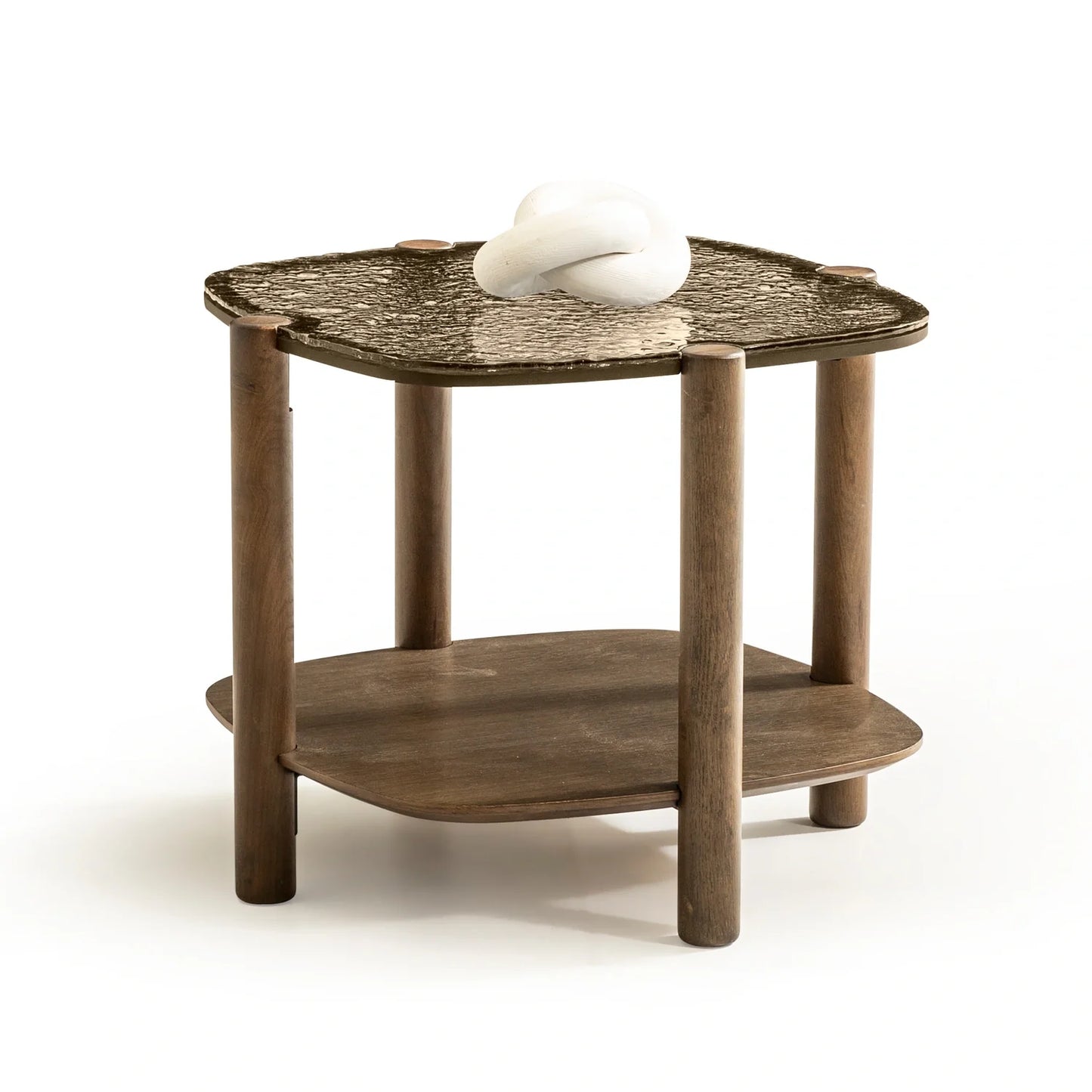 Tigris koleksiyonu - Bronz füzyon cam tabla ve eskitme meşe ayaklı kare yan sehpa