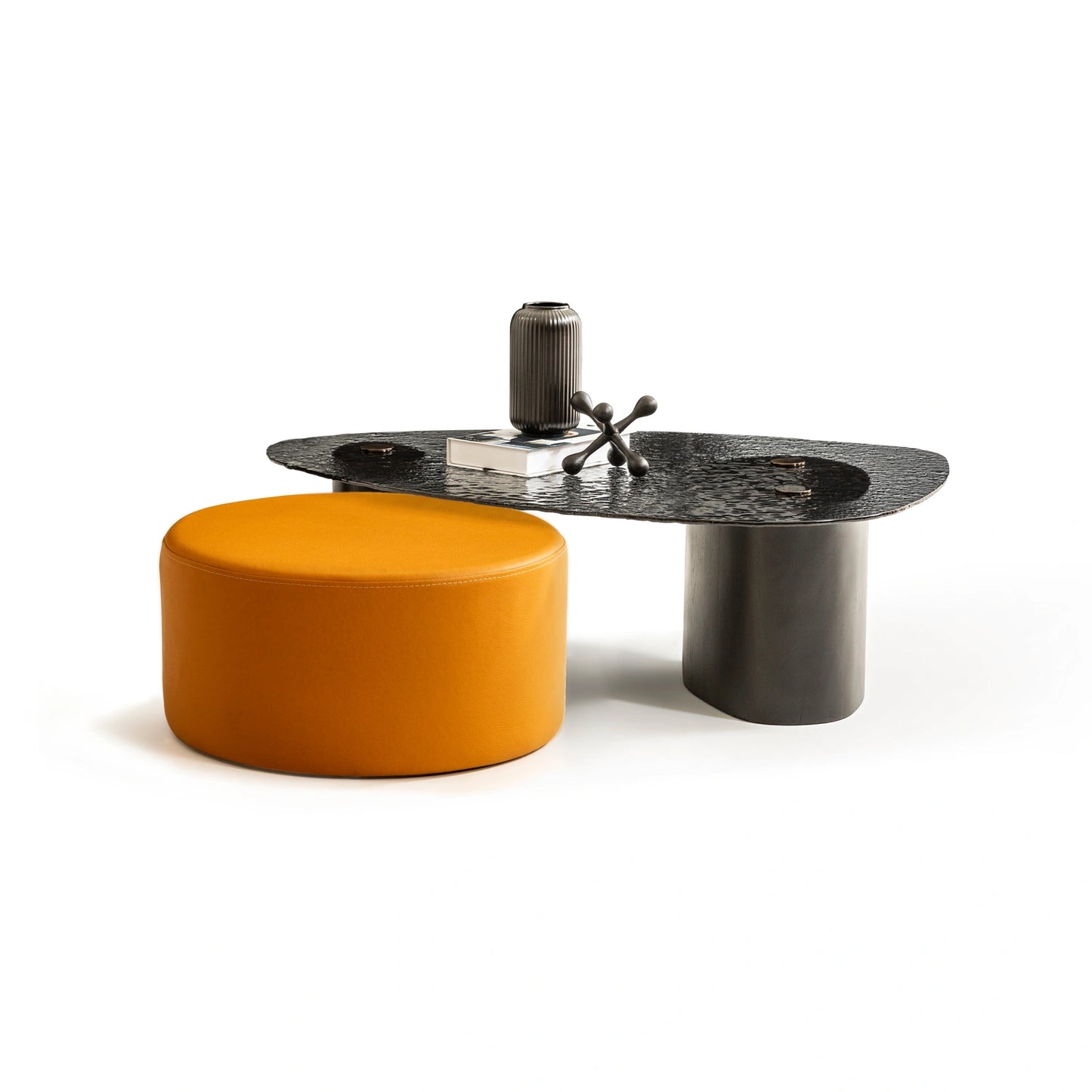 Vista koleksiyonu - Hardal kumaşlı ve MDF iskeletli yuvarlak puf