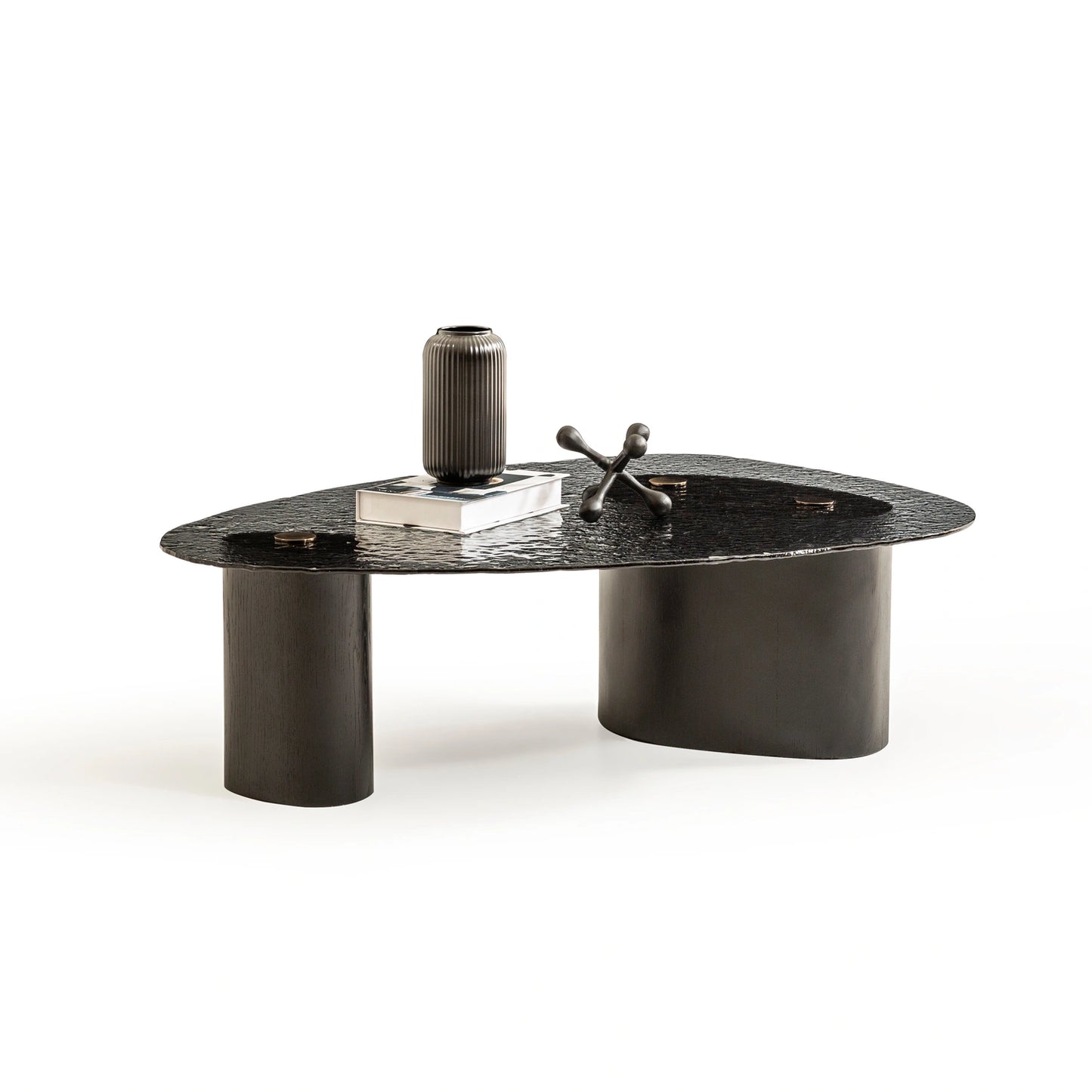 Vista koleksiyonu - Siyah füzyon cam tabla ve siyah meşe kaplama ayaklı yuvarlatılmış üçgen orta sehpa