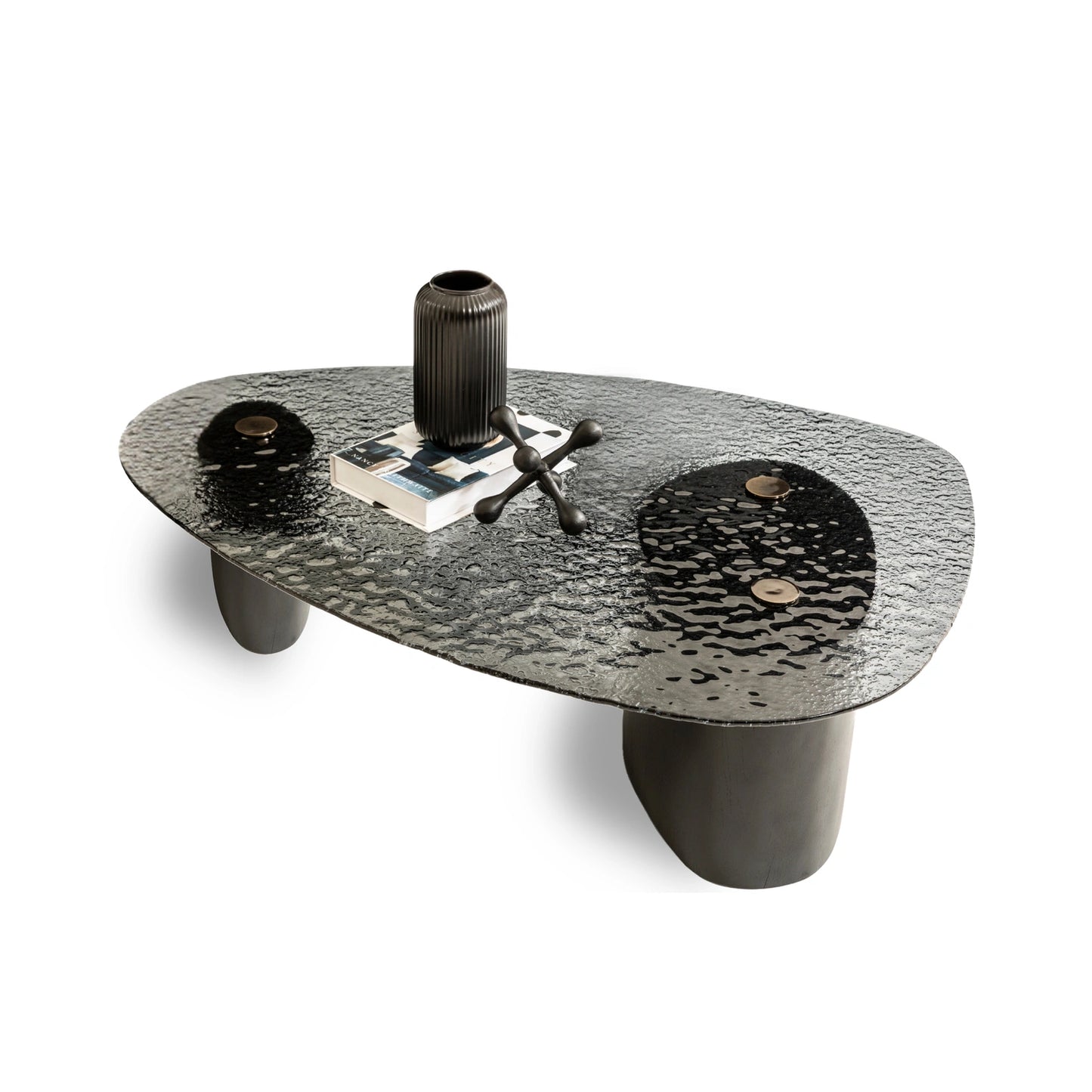 Vista koleksiyonu - Siyah füzyon cam tabla ve siyah meşe kaplama ayaklı yuvarlatılmış üçgen orta sehpa