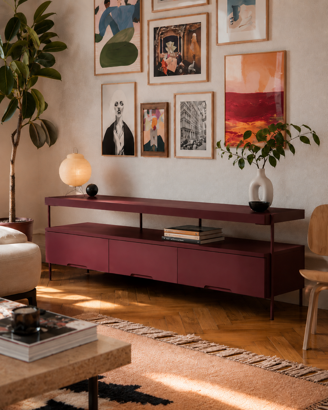 Harmonia koleksiyonu - Bordo lake tablalı, bordo lake çekmeceli, bordo metal ayaklı 180 cm TV sehpası