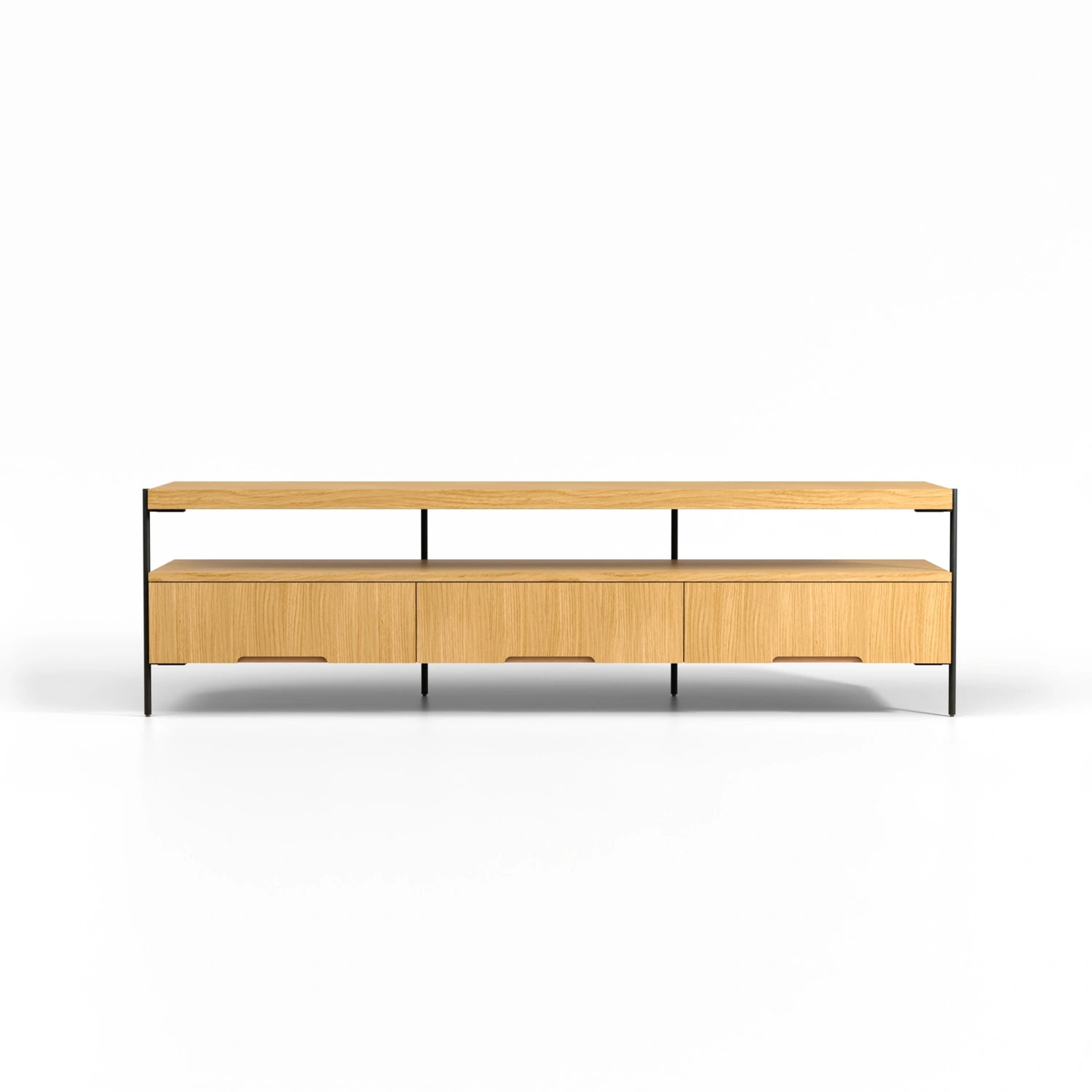 Harmonia koleksiyonu - Meşe tablalı, meşe çekmeceli, siyah metal ayaklı 180 cm TV sehpası