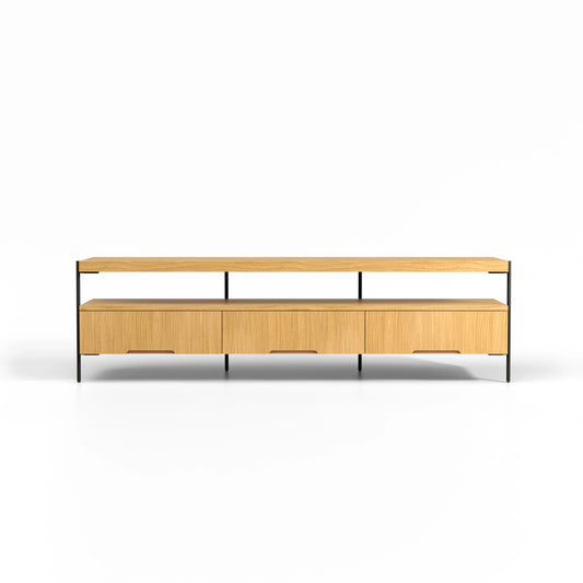 Harmonia koleksiyonu - Meşe tablalı, meşe çekmeceli, siyah metal ayaklı 180 cm TV sehpası