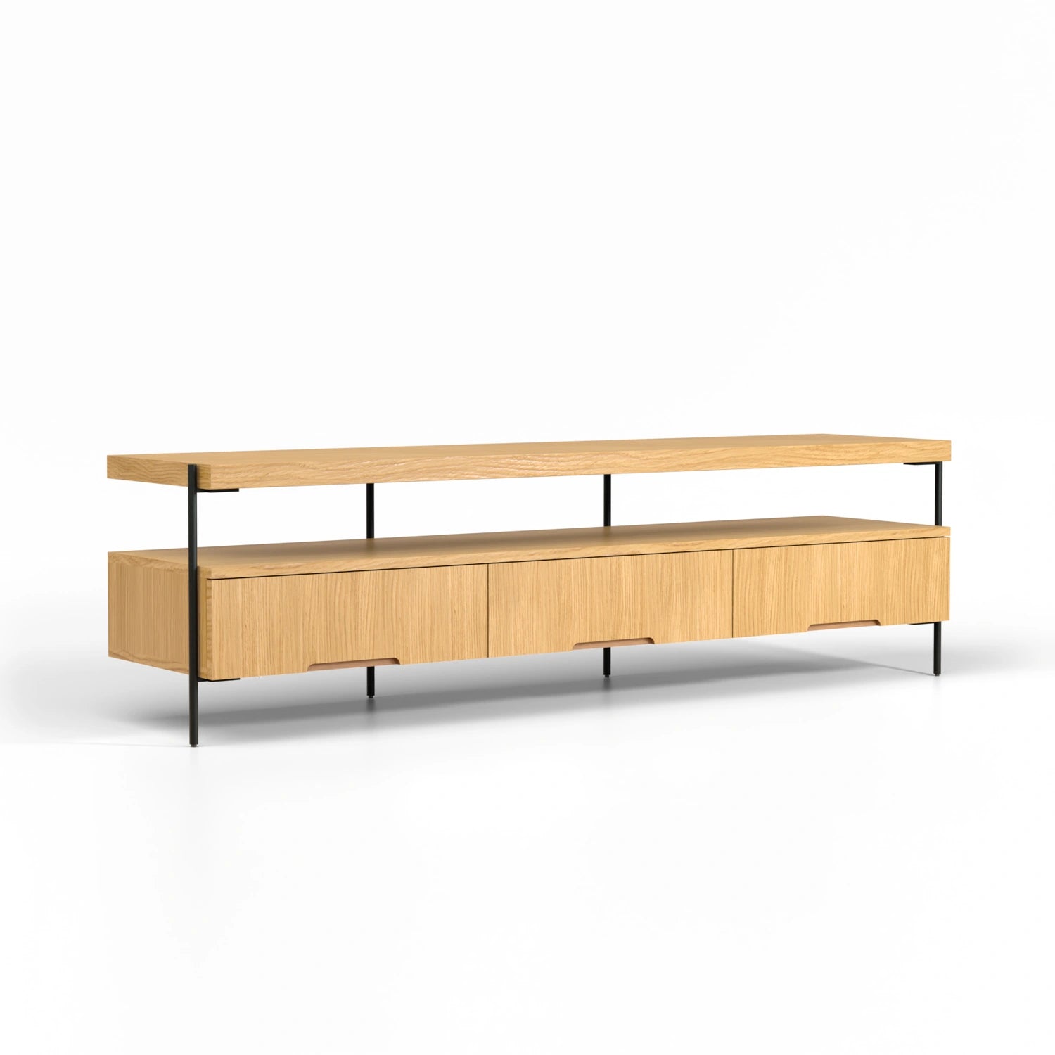 Harmonia koleksiyonu - Meşe tablalı, meşe çekmeceli, siyah metal ayaklı 180 cm TV sehpası