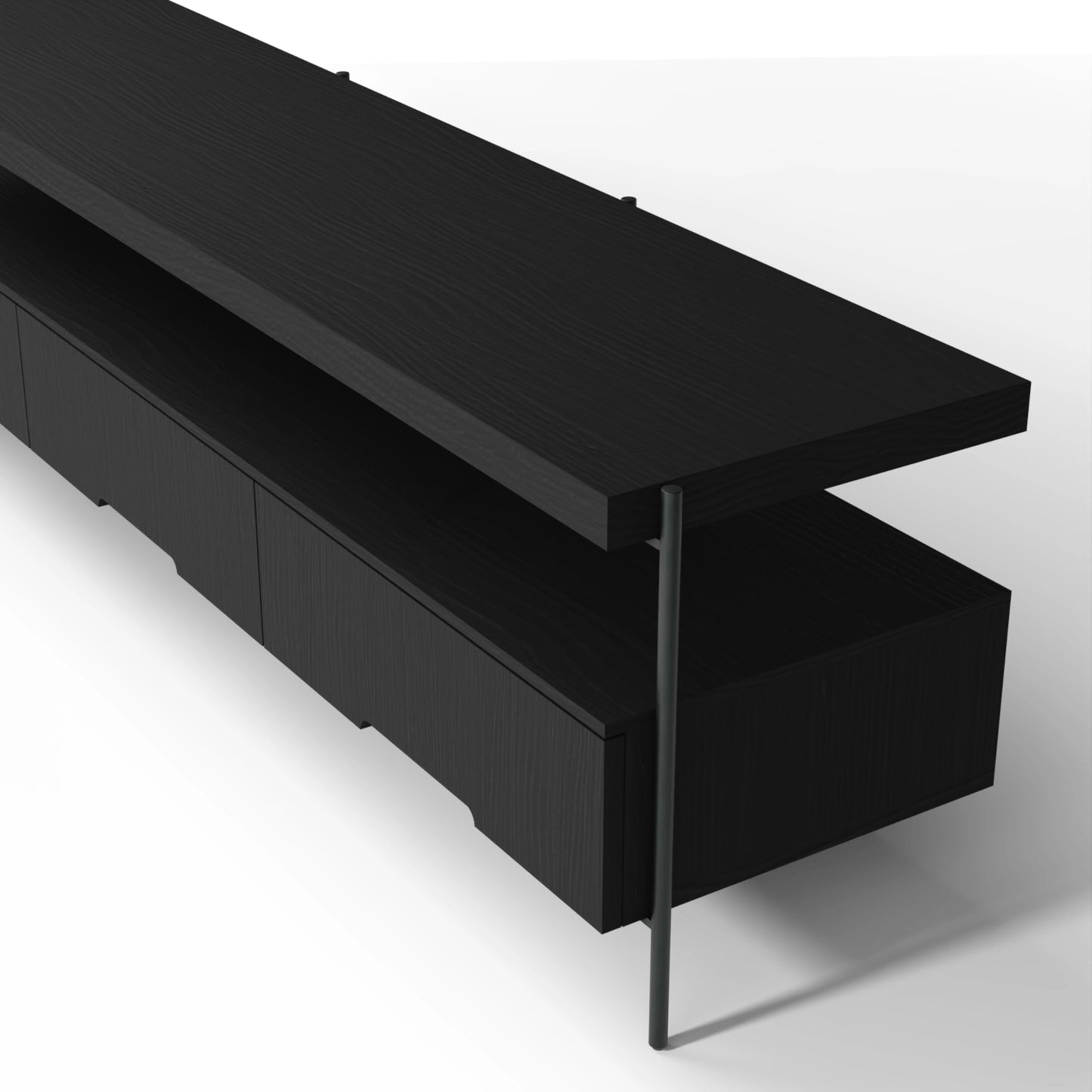 Harmonia koleksiyonu - Siyah meşe tablalı, siyah meşe çekmeceli, siyah metal ayaklı 180 cm TV sehpası