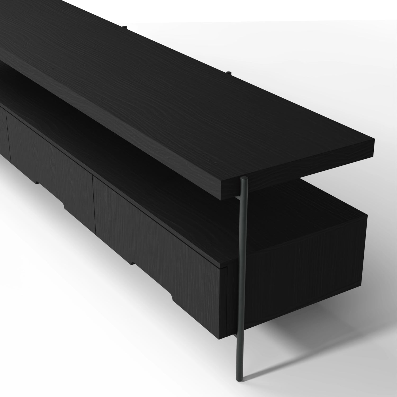 Harmonia koleksiyonu - Siyah meşe tablalı, siyah meşe çekmeceli, siyah metal ayaklı 180 cm TV sehpası