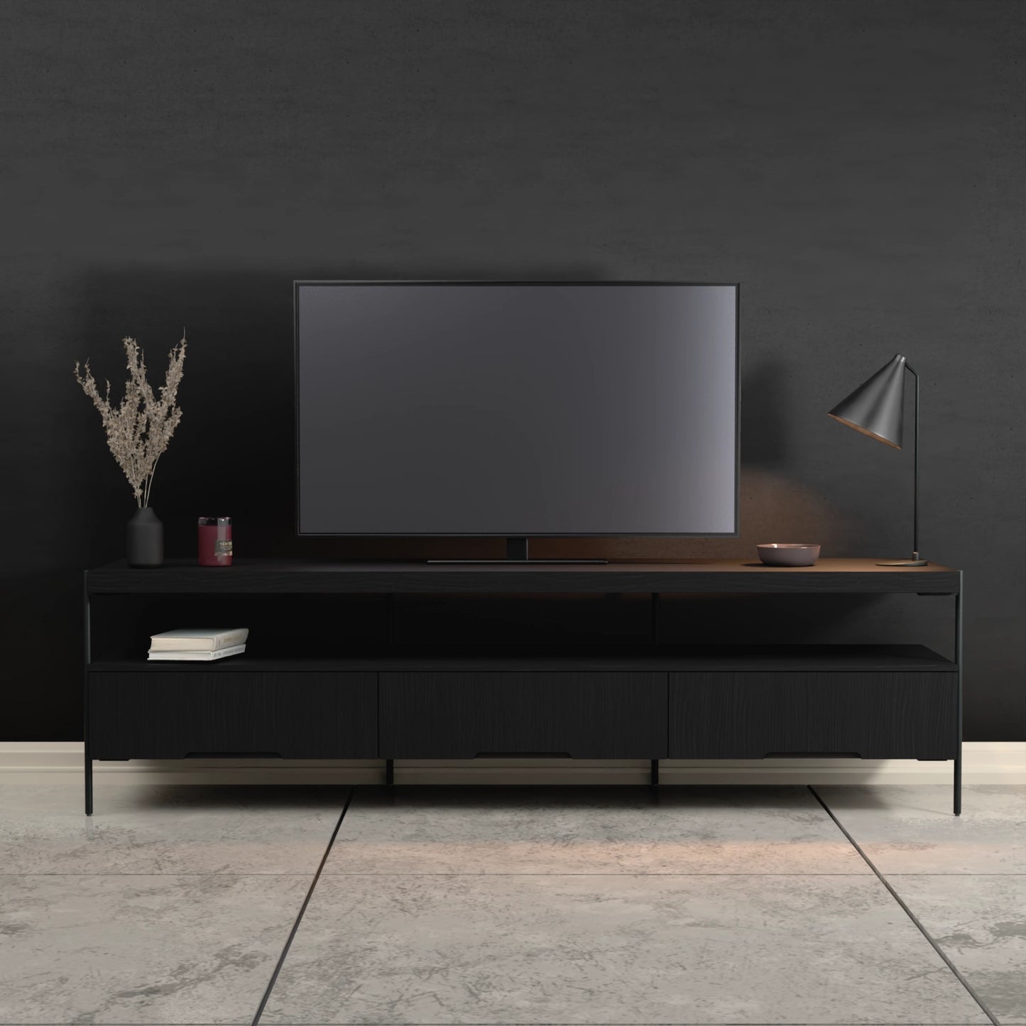 Harmonia koleksiyonu - Siyah meşe tablalı, siyah meşe çekmeceli, siyah metal ayaklı 180 cm TV sehpası