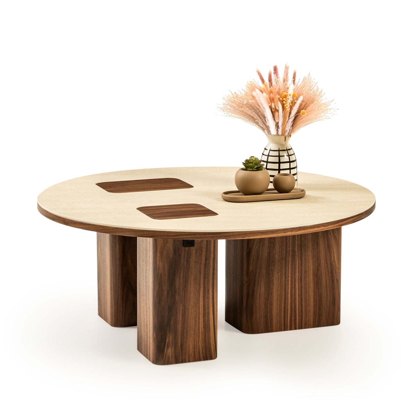 Alaca Yuvarlak Orta Sehpa Traverten Tabla Ahşap Ayak