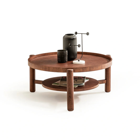 Lirya koleksiyonu - Kahverengi meşe tabla ve masif ayaklı yuvarlak raflı orta sehpa