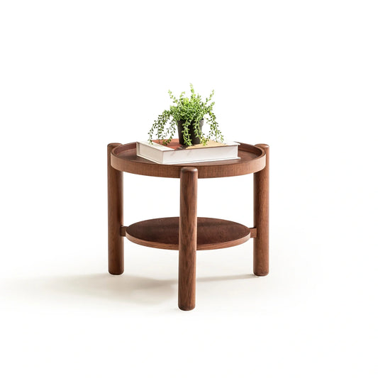 Lirya koleksiyonu - Kahverengi meşe tabla ve masif ayaklı yuvarlak raflı yan sehpa