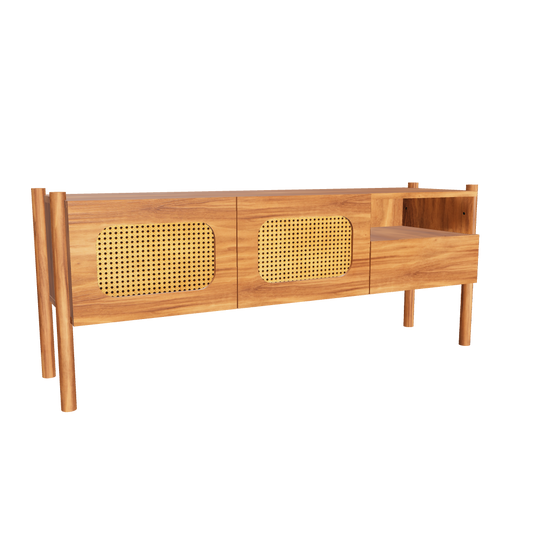 Rattan koleksiyonu - Ceviz gövdeli, rattan kapaklı, ceviz masif ayaklı TV sehpası - 3D